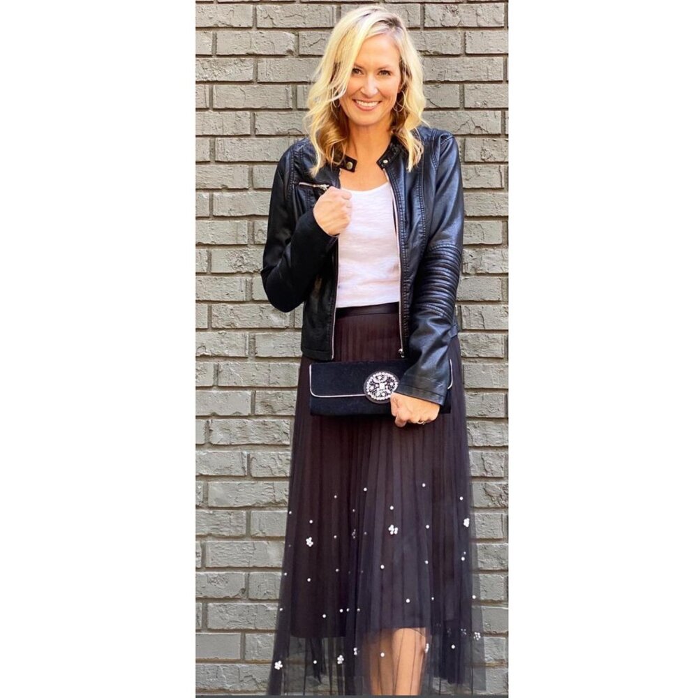 Eva Franco Anthropologie black Tulle Skirt mesh pleated skirt with pearls nwt